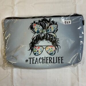 The Pouch Cosmetic Bag Women Small Blue NEW #TeacherLife Messy Bun Graphic
